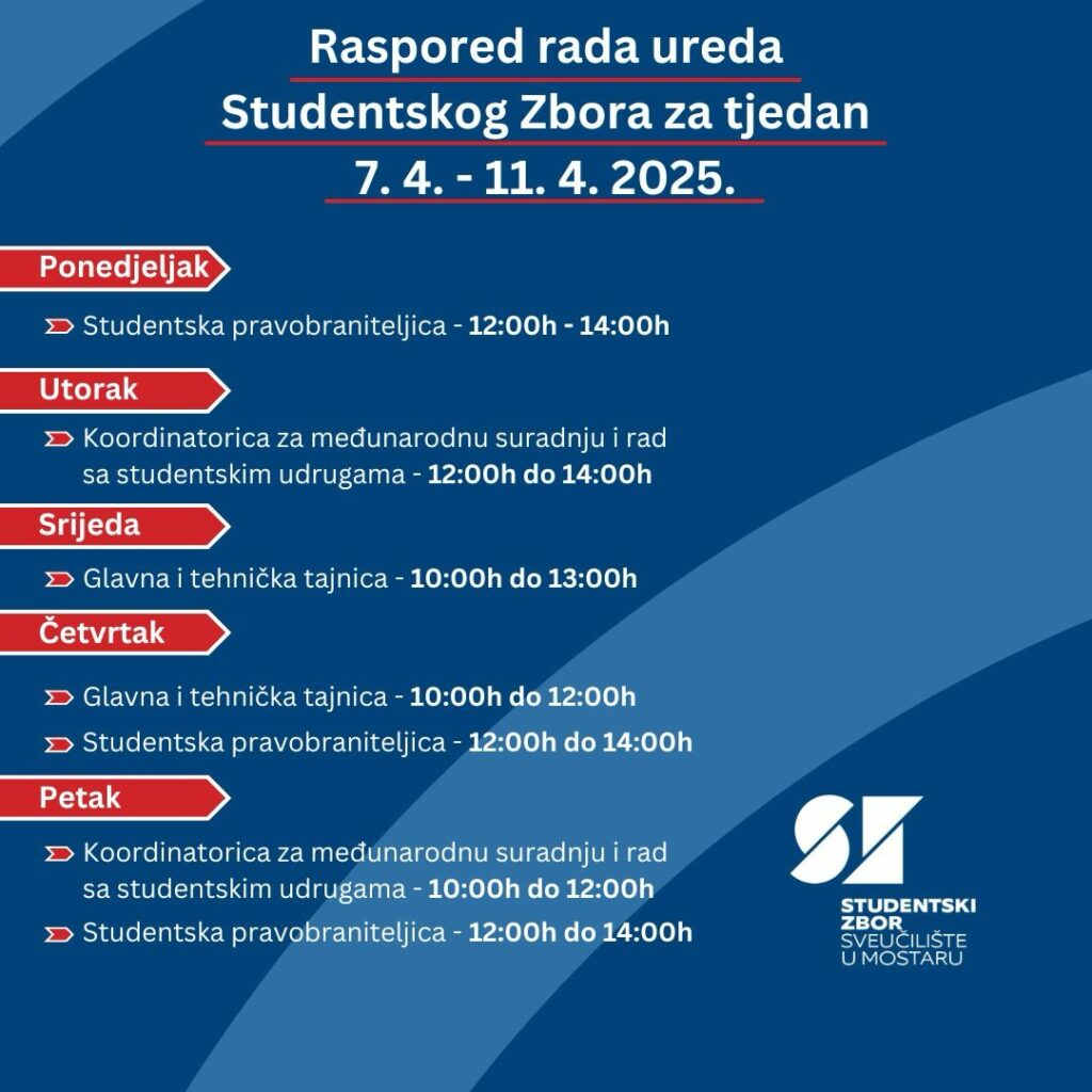 Raspored rada ureda Studentskog Zbora za tjedan 7.4. – 11.4.2025.
