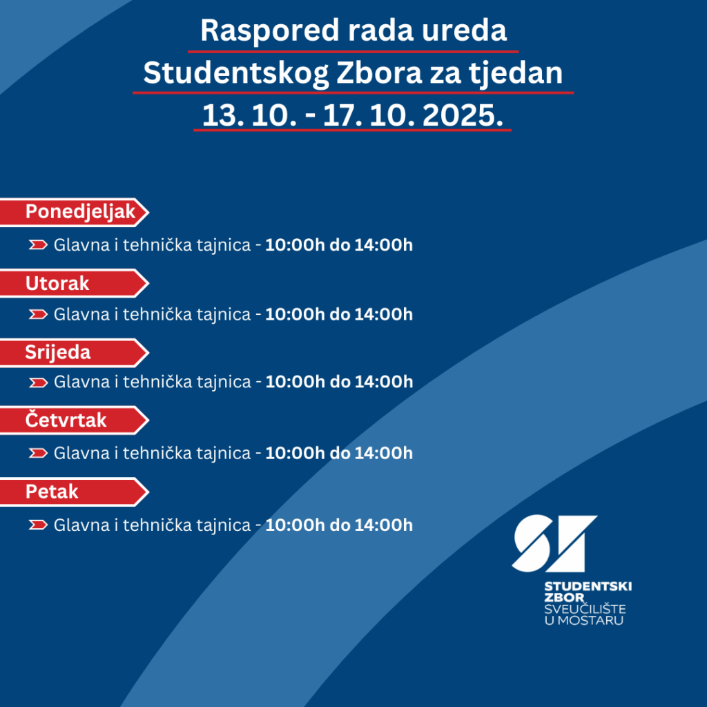 Raspored rada Studentskog Zbora za tjedan 13.10. do 17.10. 2025.