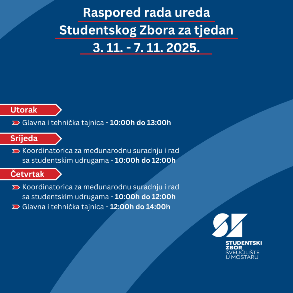 Raspored rada Studentskog zbora 3.11. – 7.11.2025.