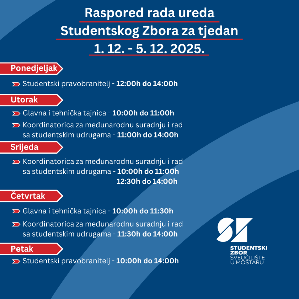 Raspored rada Studentskog zbora za tjedan 1. 12 – 6. 12. 2025.