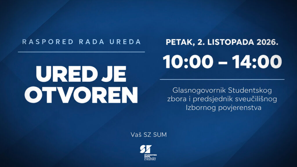 Raspored rada Ureda Studentskog zbora za petak, 2. listopada 2026.