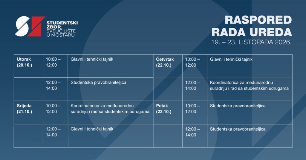 Raspored rada Ureda Studentskog zbora SUM-a
